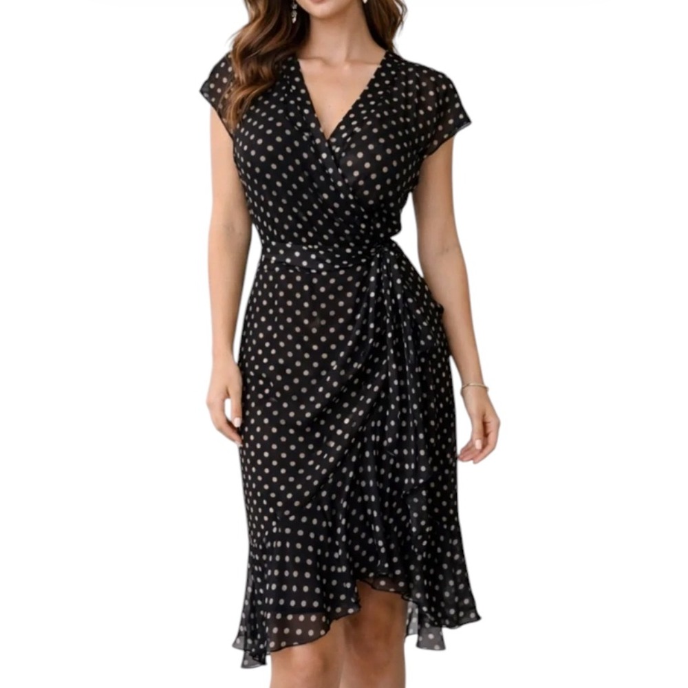 ETCETERA Silk Chiffon Wrap Dress BLACK w/GOLD POLKA-DOTS Ruffle Hem Tie Belt 2